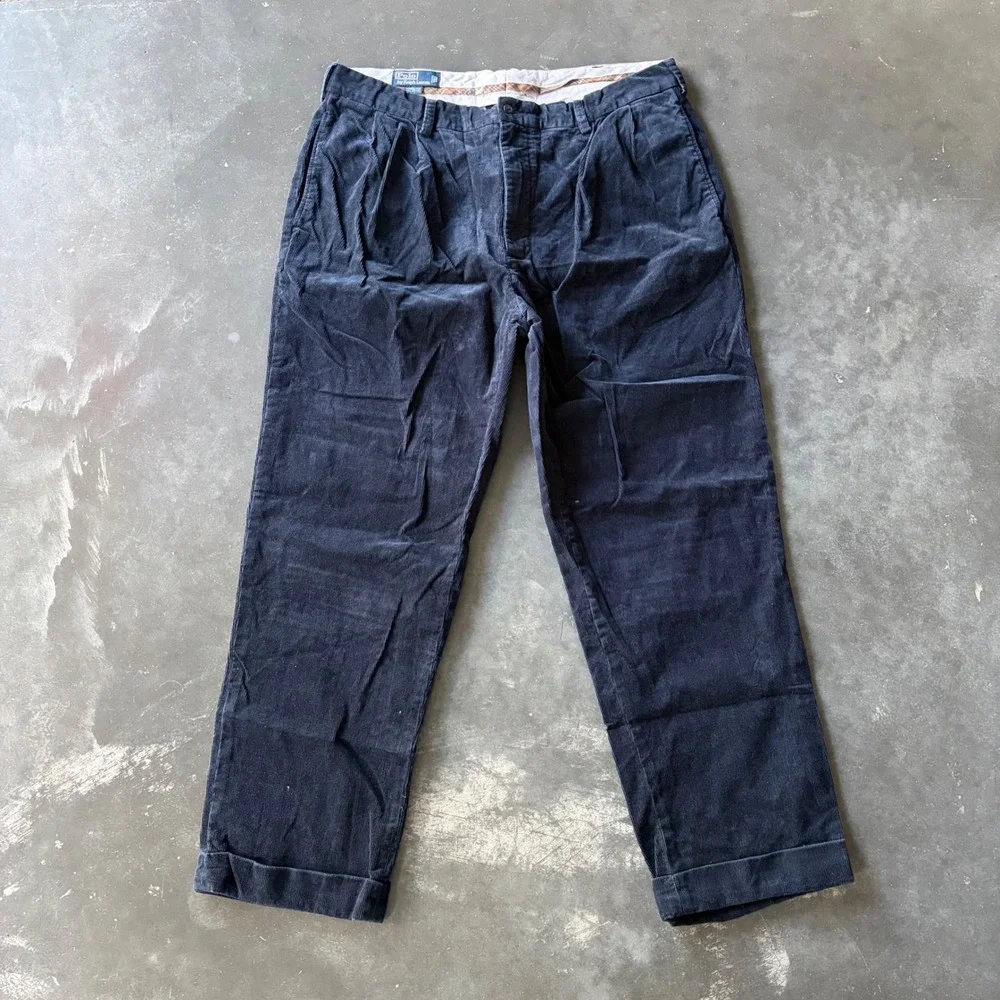 Polo Ralph Lauren Hammond Pant Navy Blue Corduroy Pleated Mens 36x28